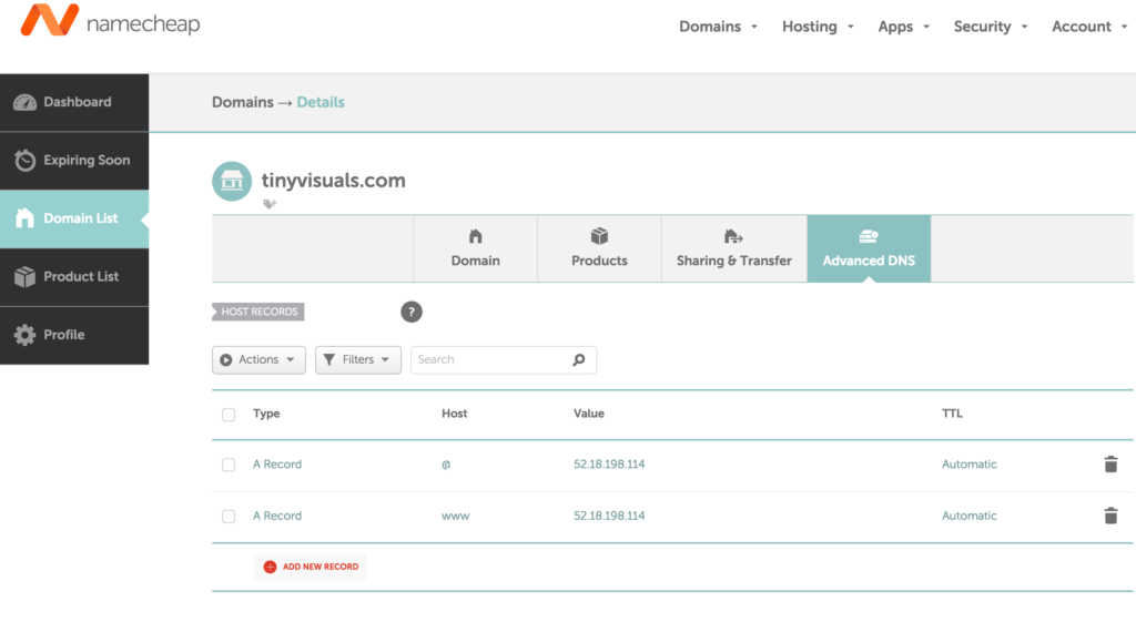 namecheap domain host records